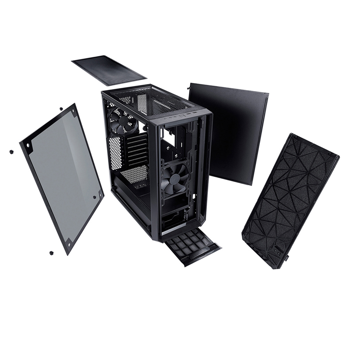 Obudowa komputera zdemontowana z różnymi elementami, w tym panelami bocznymi, wentylatorami i czarnym wnętrzem.
