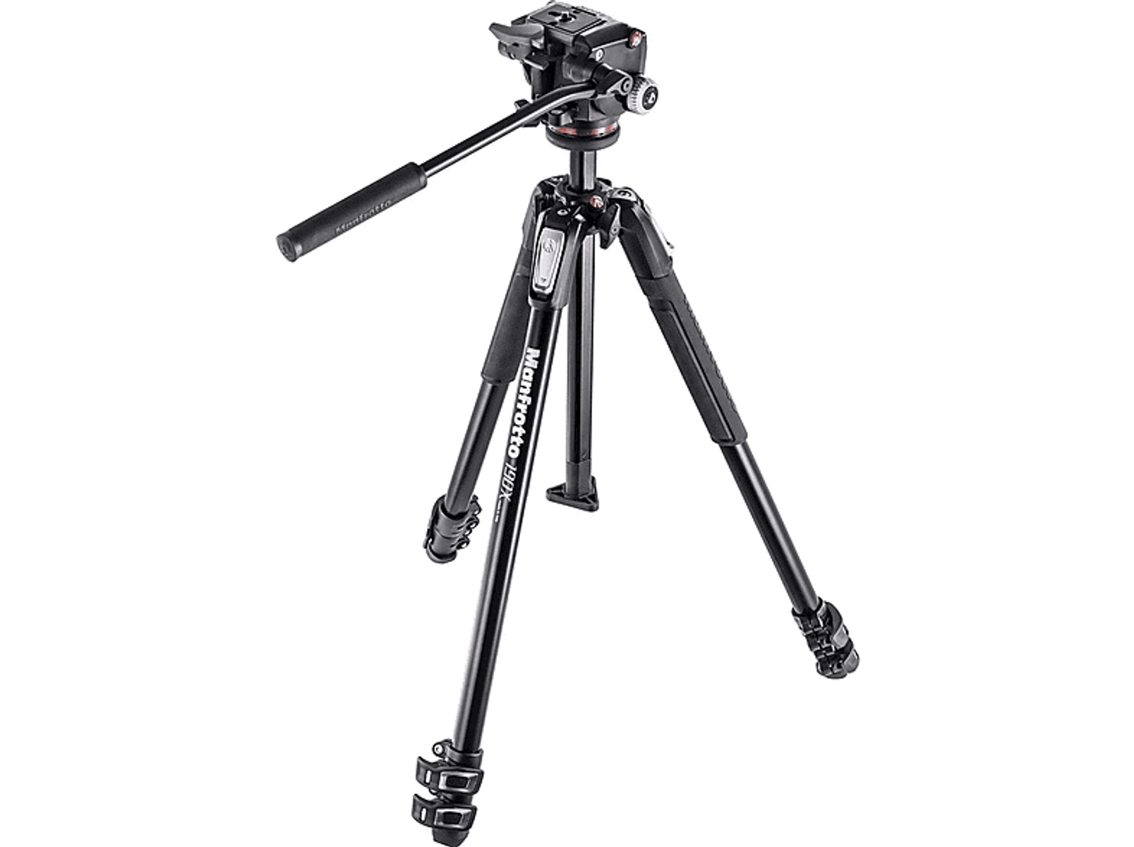 Czarny statyw z rozłożonymi nogami i czarnym uchwytem na białym tle.