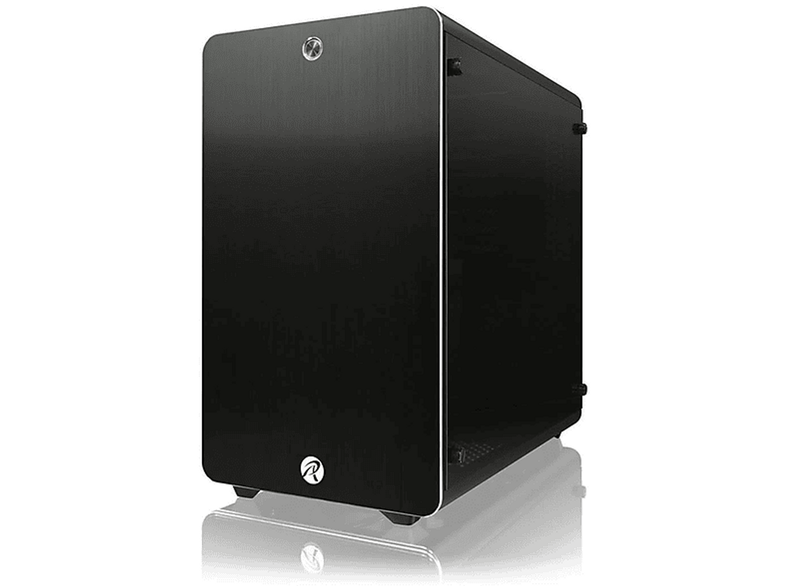 Czarna obudowa komputera z białym logo na białym tle.