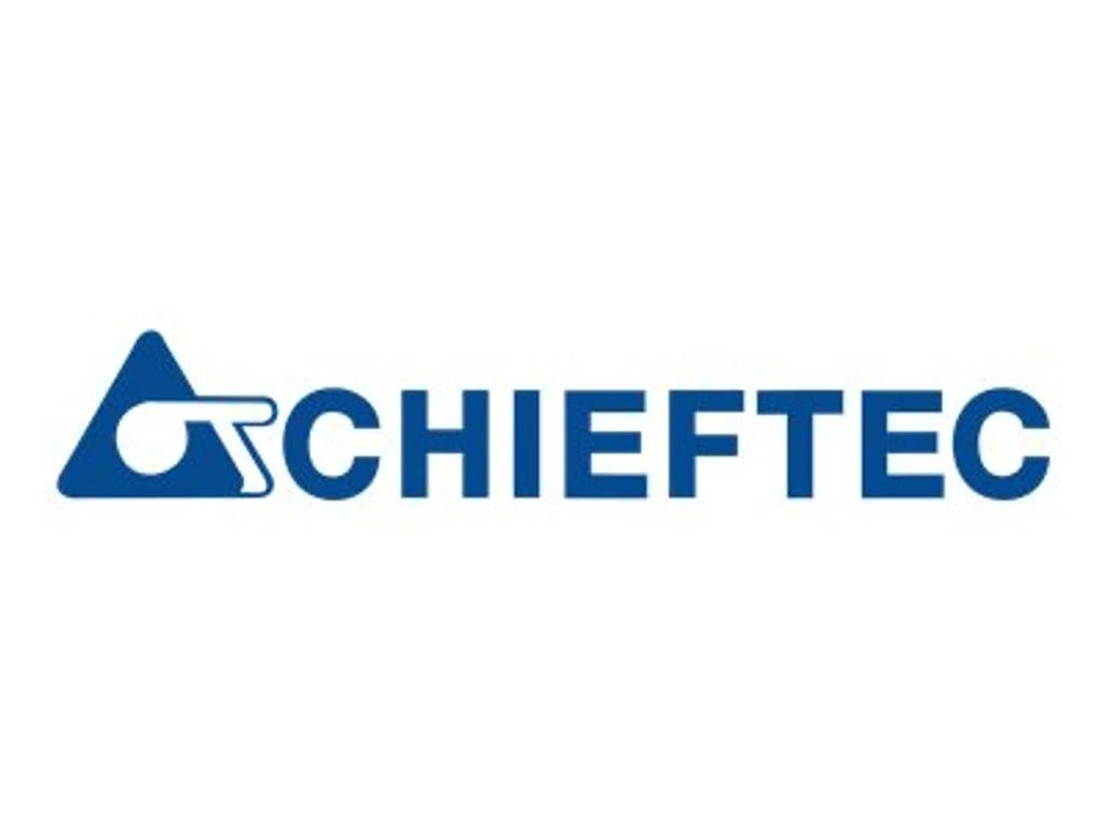 Logo Chieftec. Zawiera niebieski trójkąt oraz stylizowane litery „C” i „T” w niebieskiej czcionce.