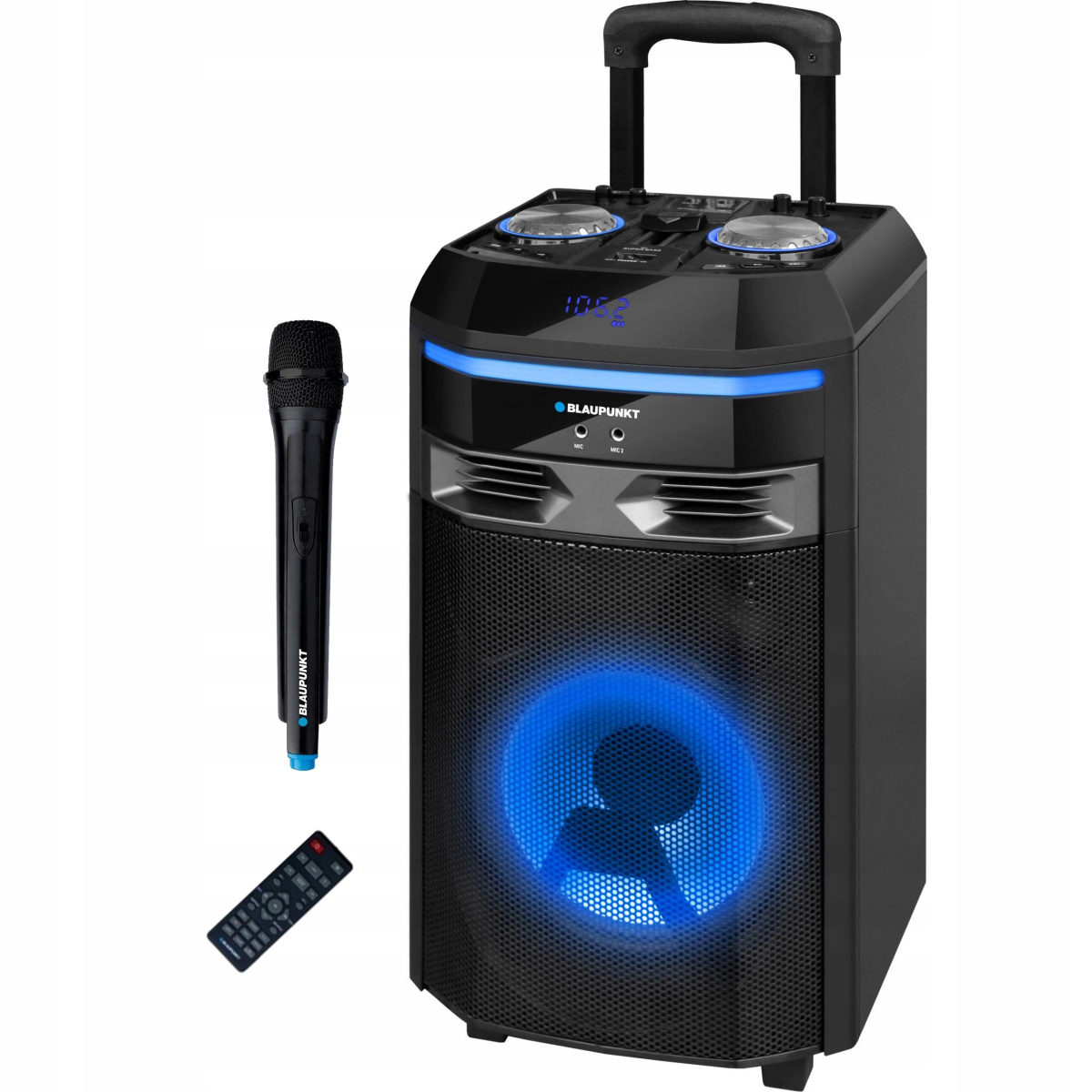 Altoparlante nero con luce blu, microfono e telecomando.