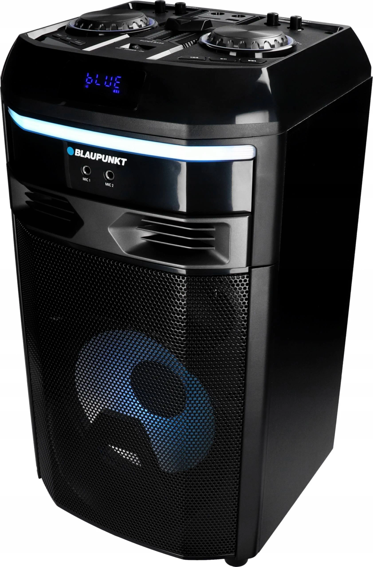Altoparlante Blaupunkt nero con accenti di luce blu e cono altoparlante blu visibile.