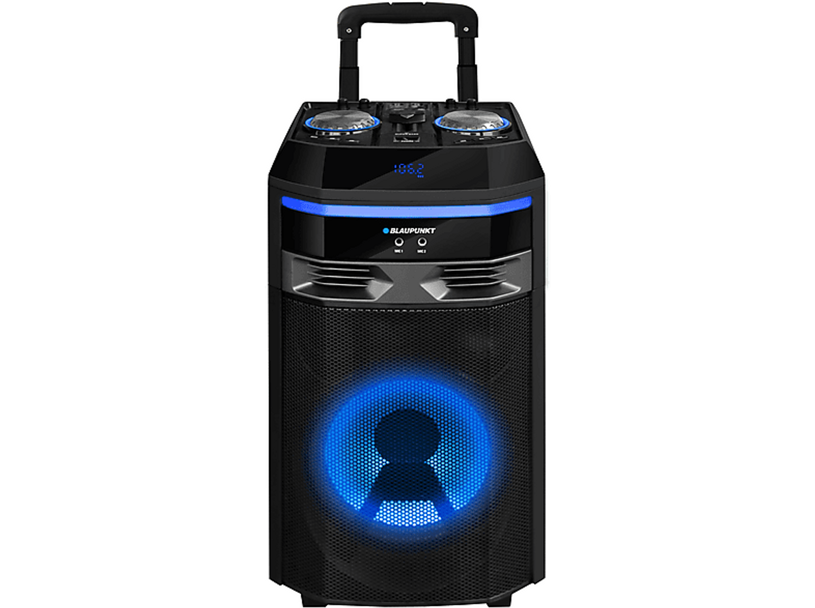 Altoparlante per feste nero con luce blu.
