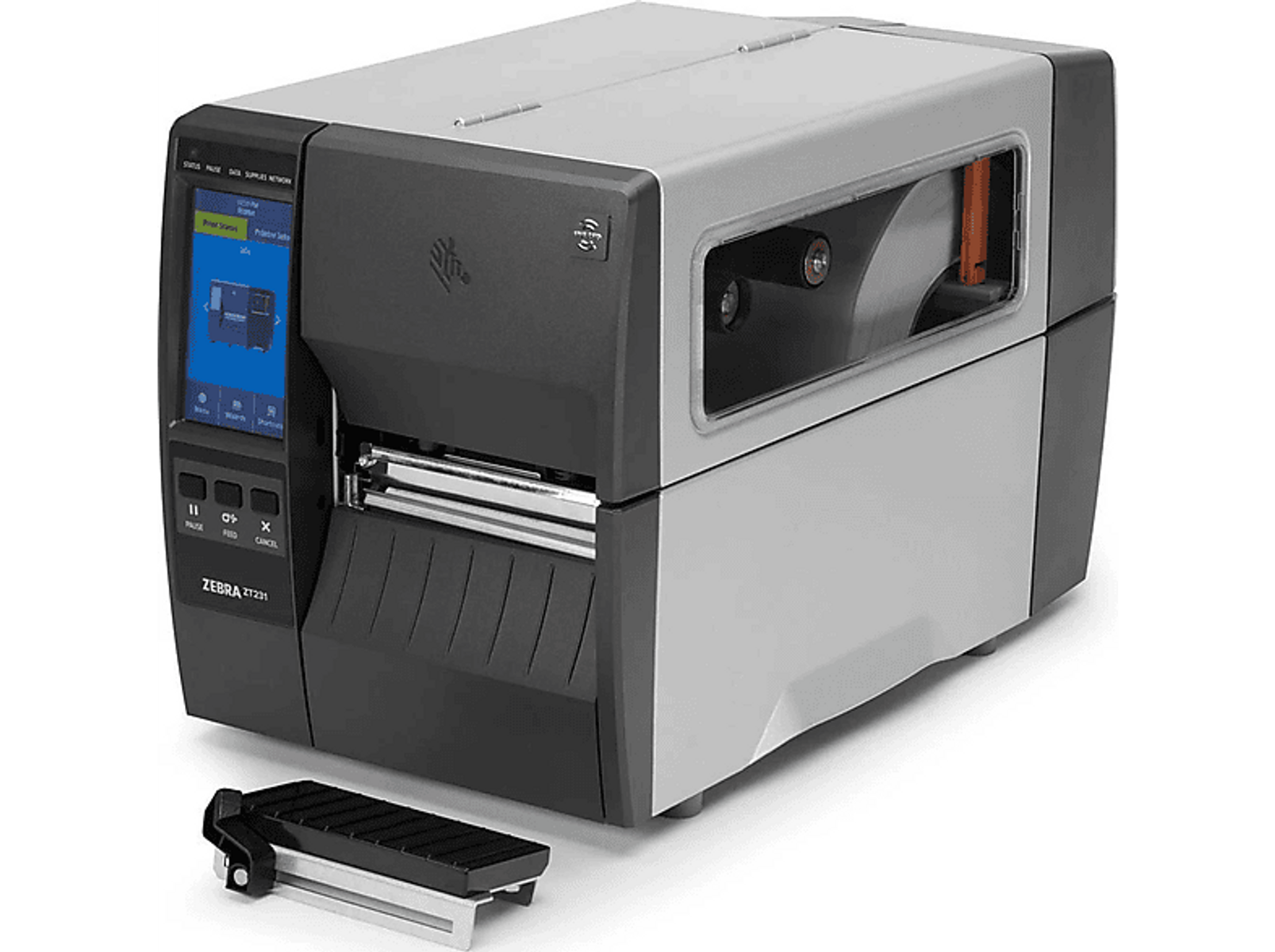 Großer Drucker mit Touchscreen. Schwarz und Silber. Schwarzes Fach vorne. Auf weißem Hintergrund.