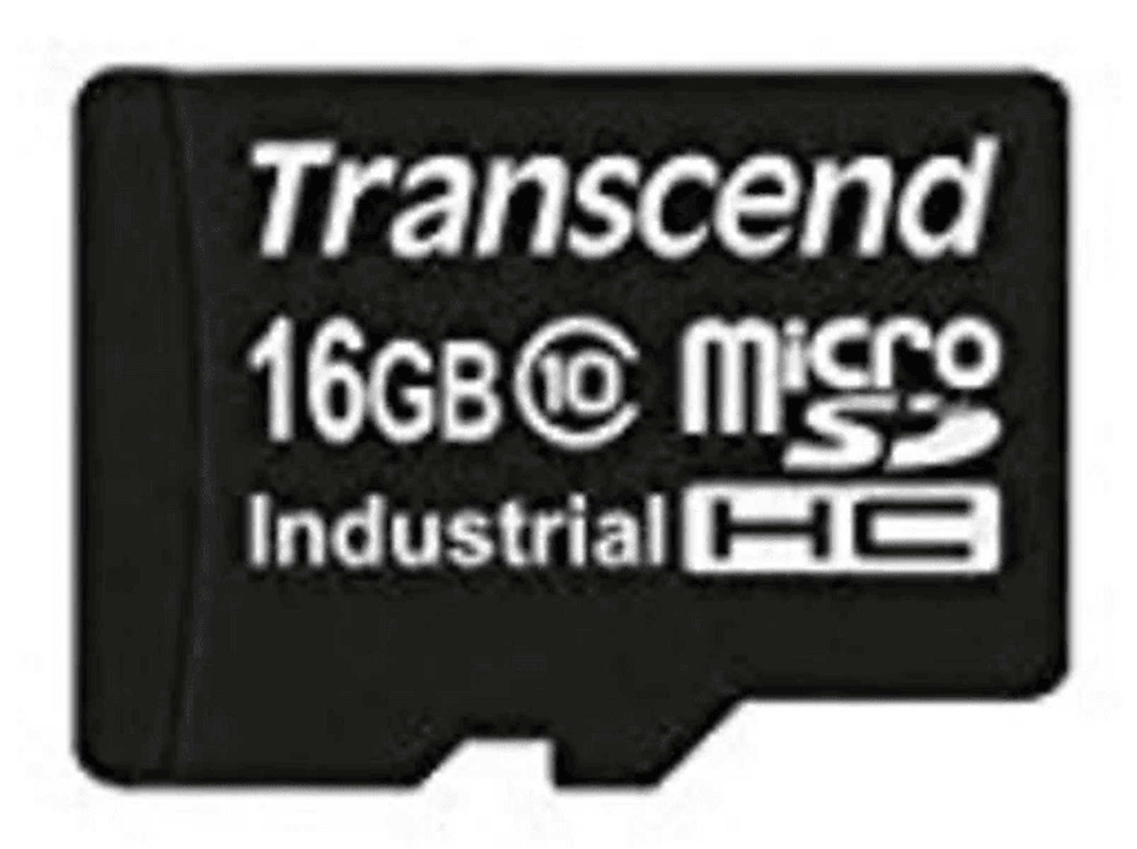 Schwarze Transcend 16GB microSD-Karte. Text: Transcend, 16GB, Micro SD, und Industrial HC.