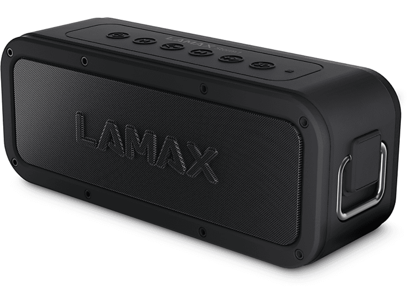 Czarny głośnik przenośny ze słowem LAMAX. Ma przyciski na górze i uchwyt.