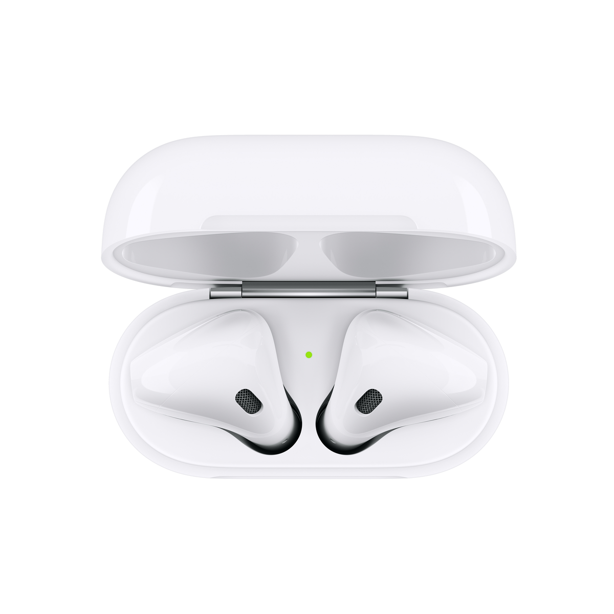 Weißes AirPods-Etui mit offenem Deckel und Ohrhörern.