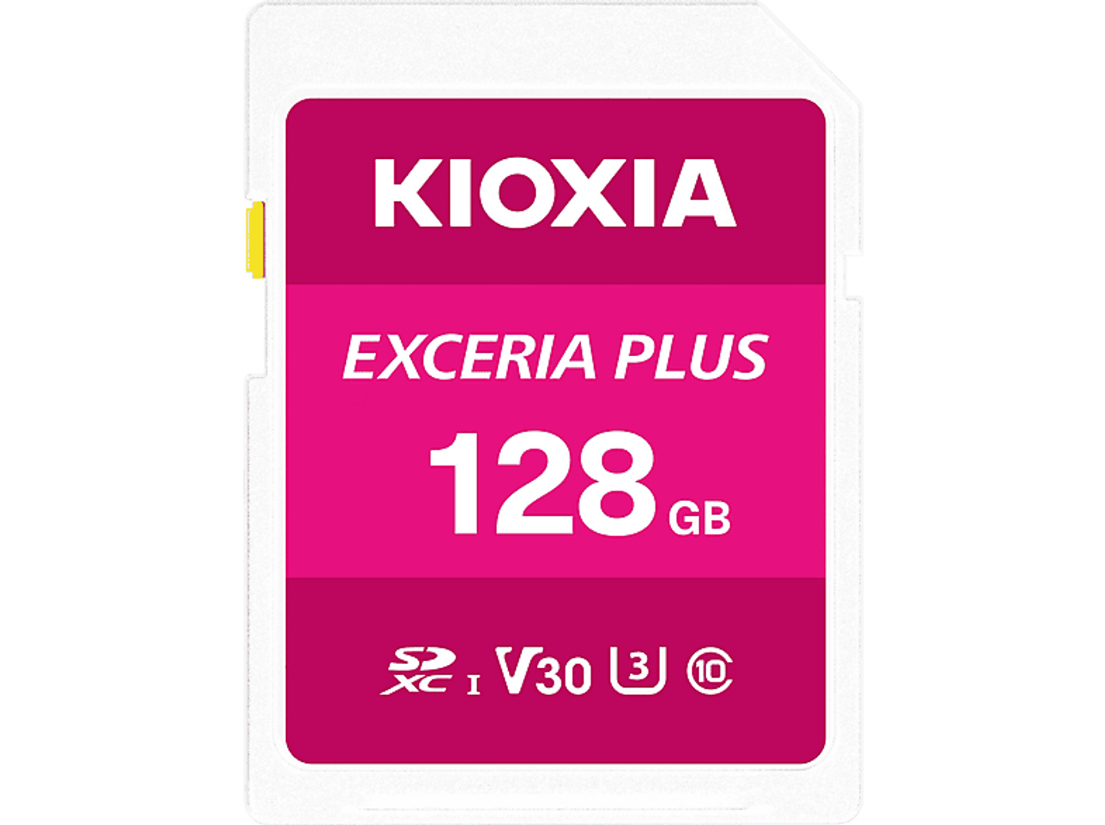 KIOXIA Exceria Plus 128GB SD-Karte. Rosa-weißes Etikett mit Text. Die Karte ist rechteckig.