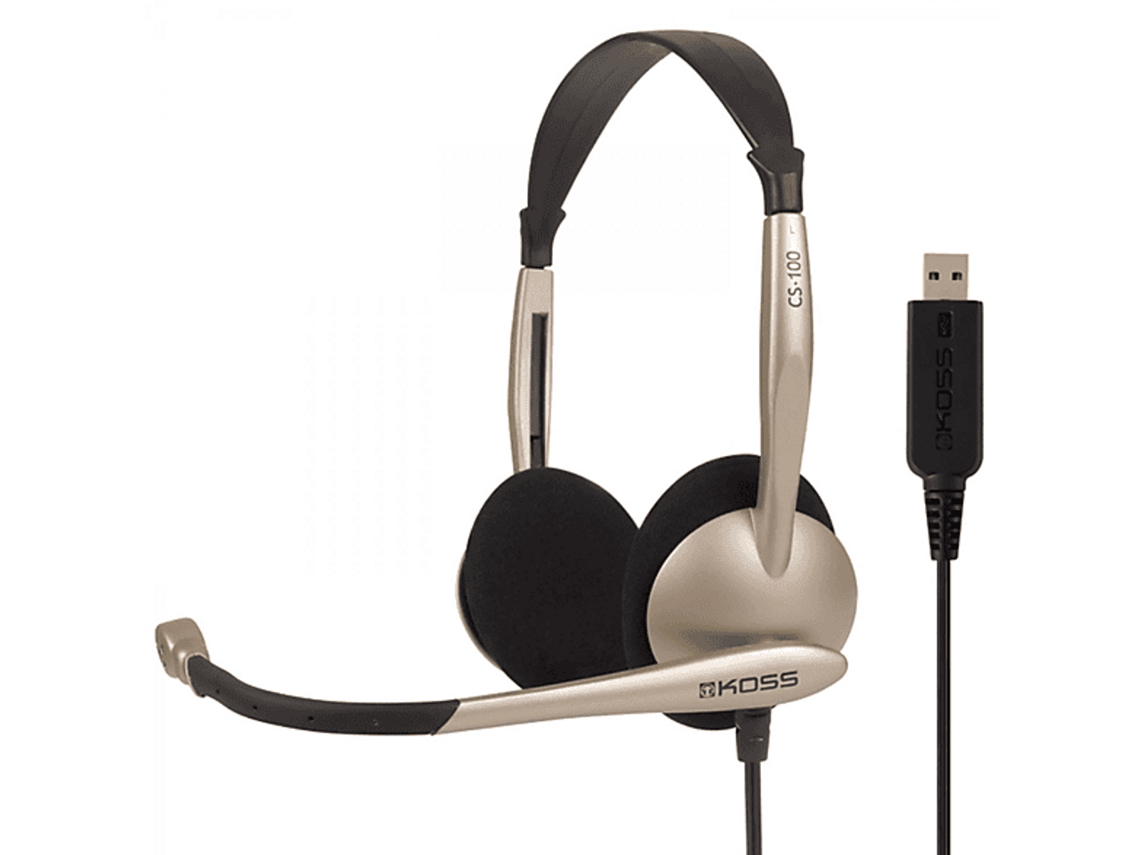 Silbernes und schwarzes Koss CS-100 Headset mit Mikrofon und USB-Anschluss.