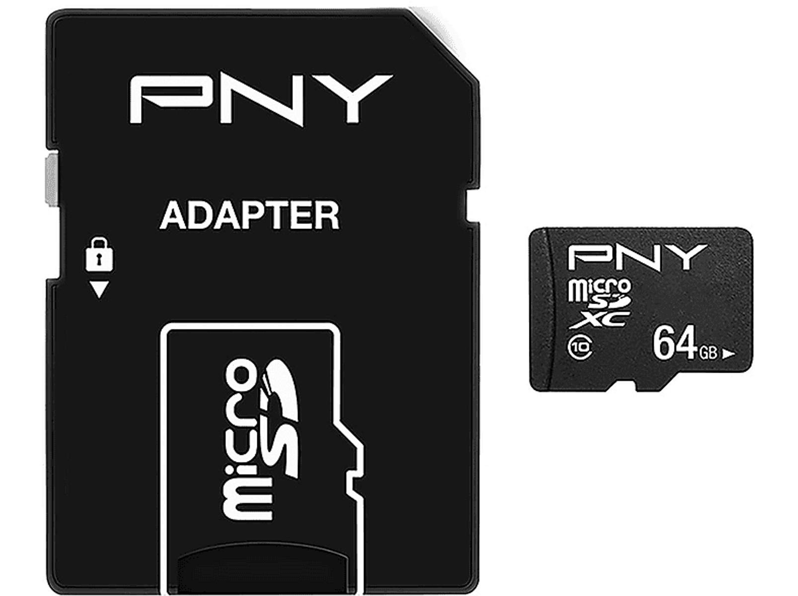 PNY SD-Kartenadapter und Micro-SD-Karte, schwarz auf weißem Hintergrund.