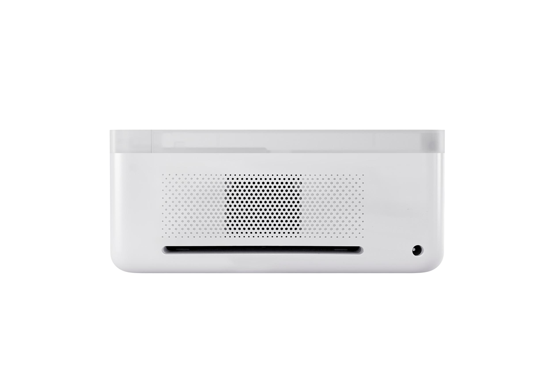 Białe, prostokątne urządzenie z siatką otworów i wejściem zasilania na dole.