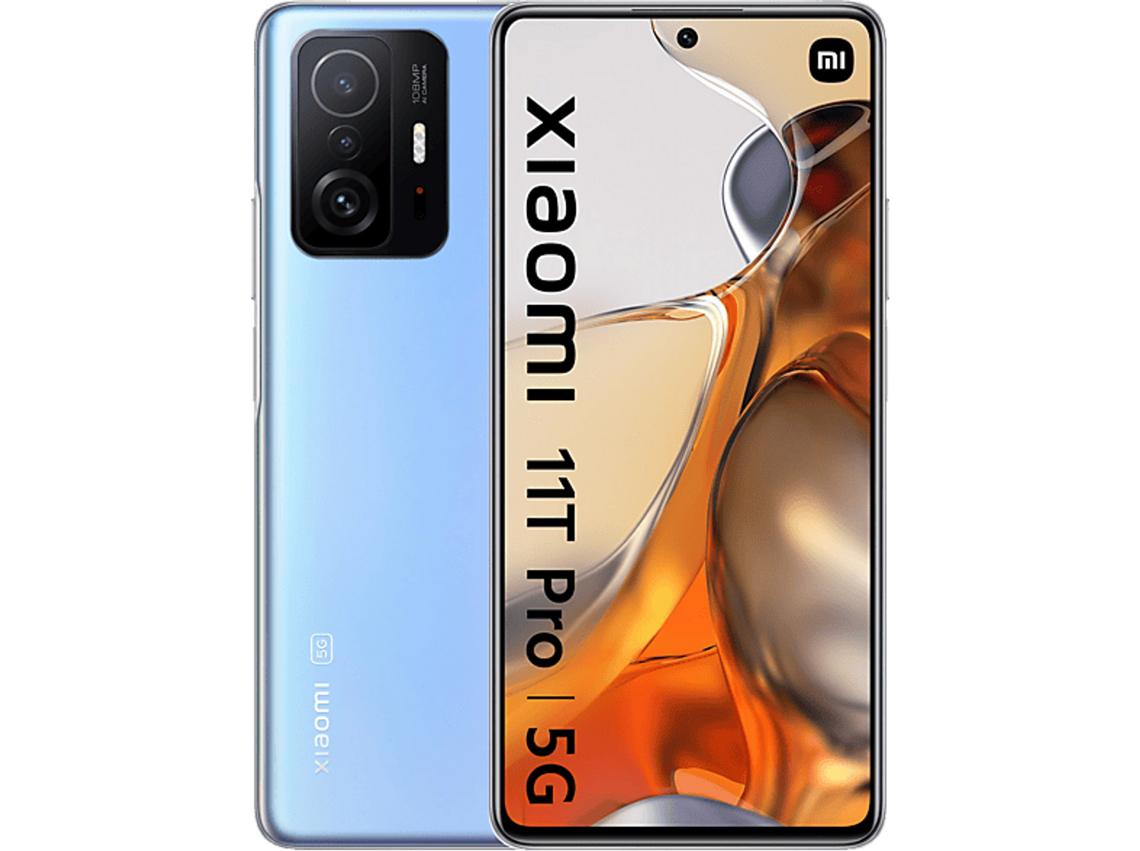 Niebiesko-srebrny smartfon, widok z przodu i z tyłu, z tekstem Xiaomi 11T Pro 5G.