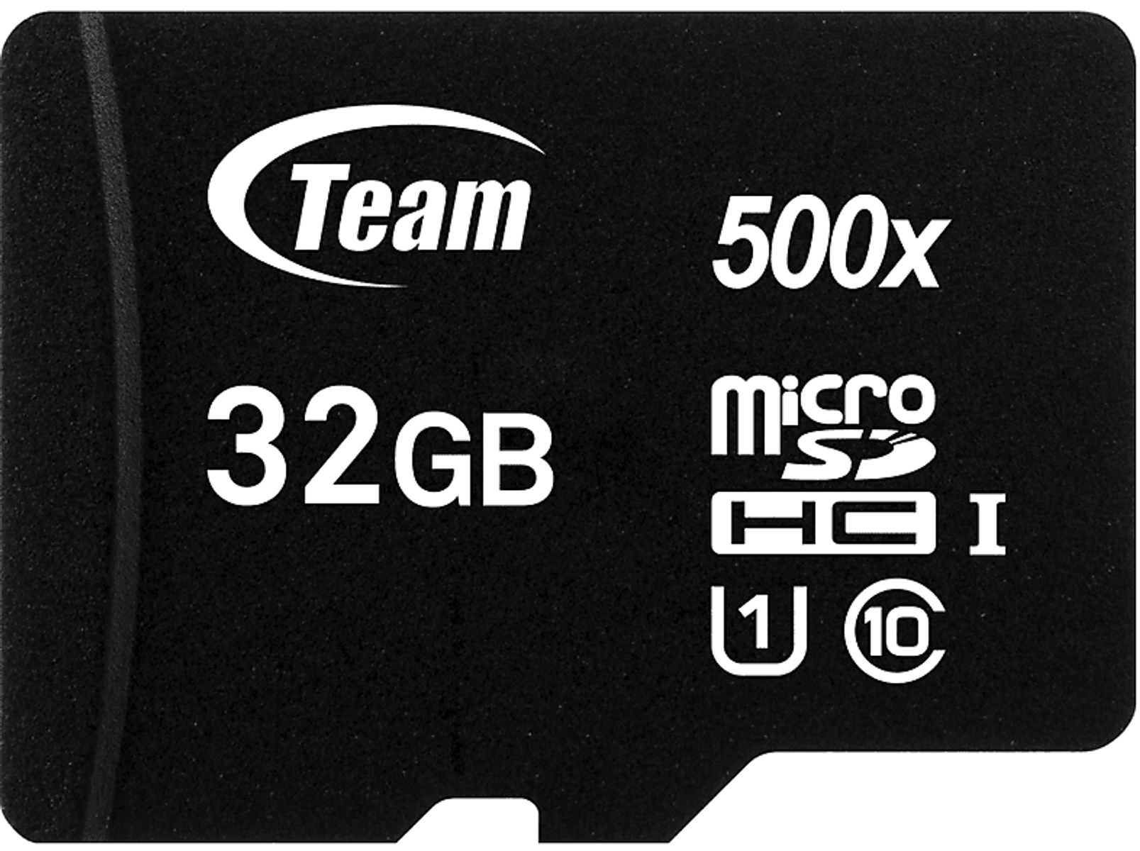 Schwarze 32GB Micro-SD-Karte mit 'Team' und '500x' Text. Weißer Hintergrund, Nahaufnahme.
