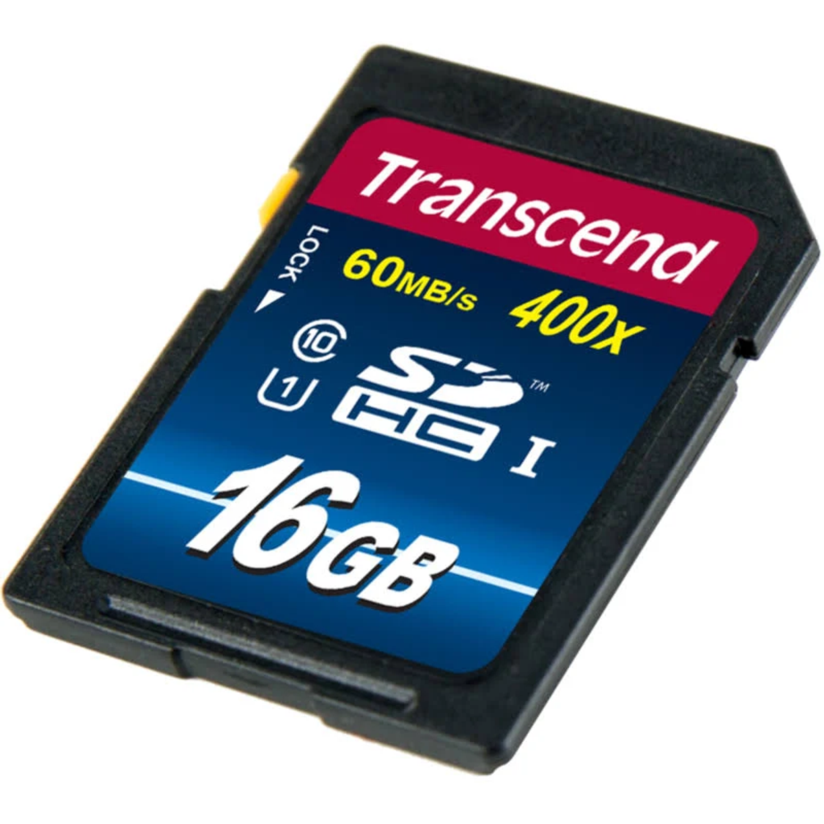 Eine schwarze SD-Karte mit rotem und blauem Etikett. Text beinhaltet 'Transcend' und '16GB'.