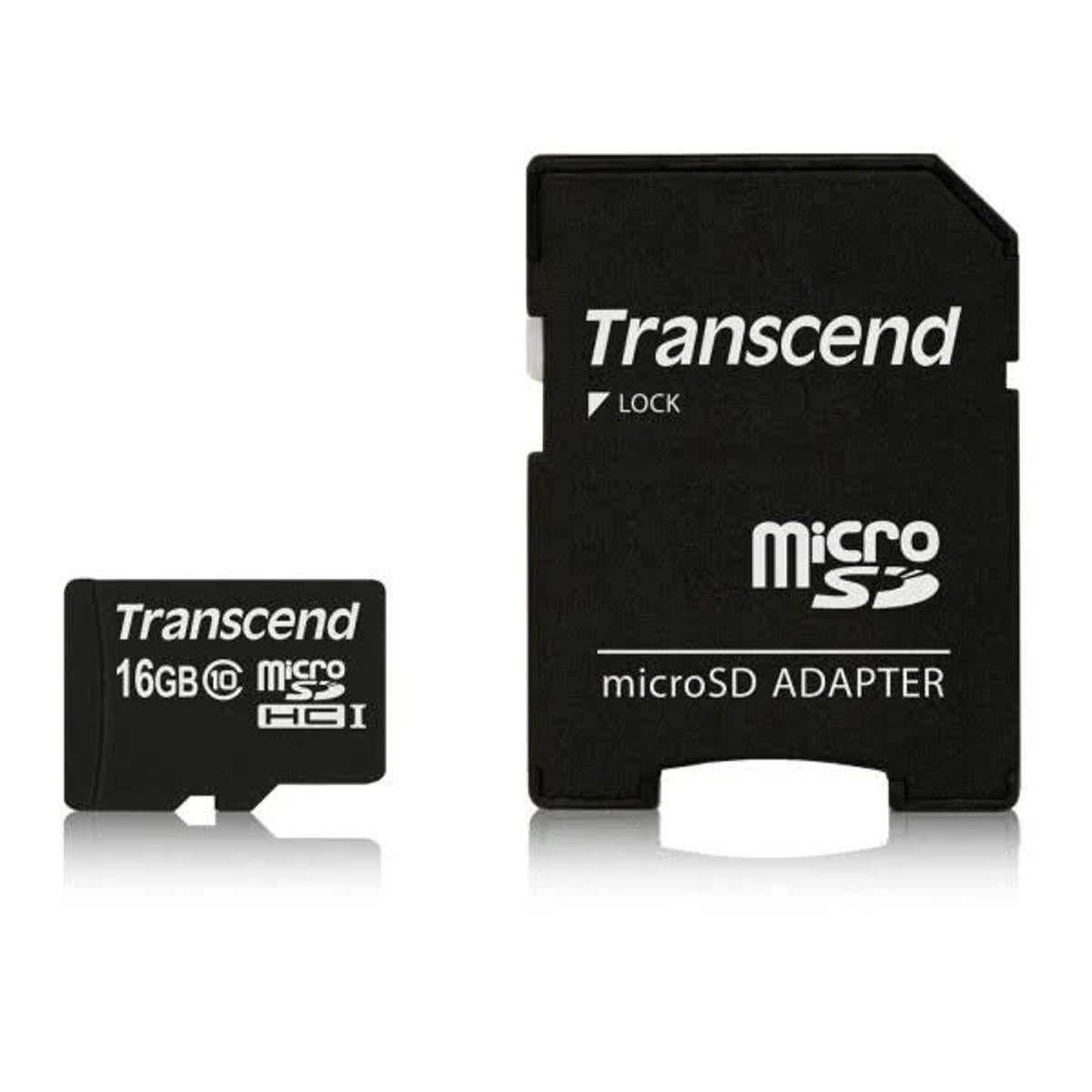 Schwarze Transcend SD-Karte und Adapter auf Weiß. 16GB Karte neben Adapter, beide beschriftet.