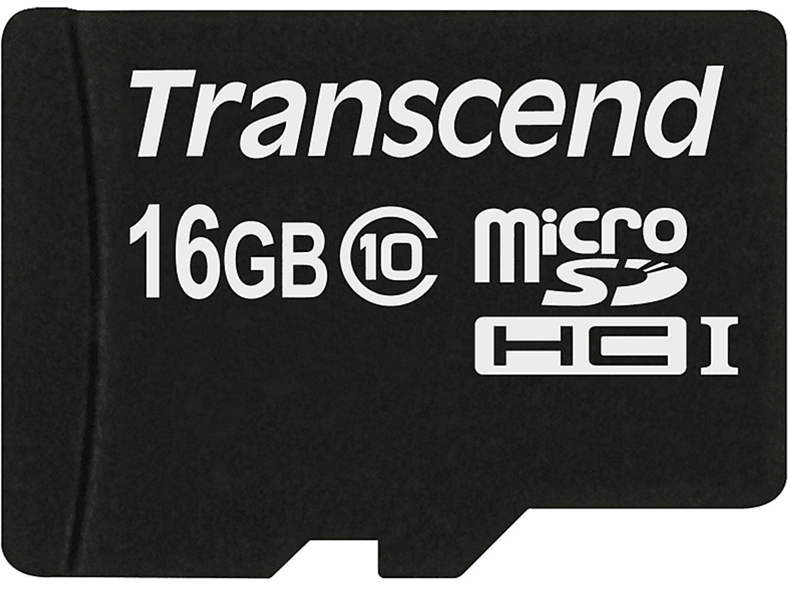 Schwarze Transcend 16GB Micro SDHC I Karte. Text: Transcend, 16GB, Micro SDHC I.