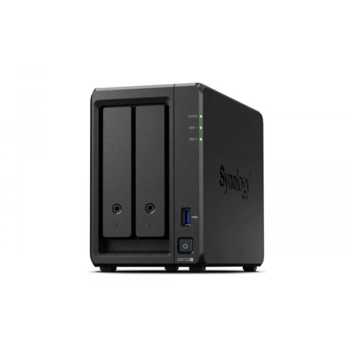 Un dispositivo NAS Synology nero con due vani disco e spie luminose.