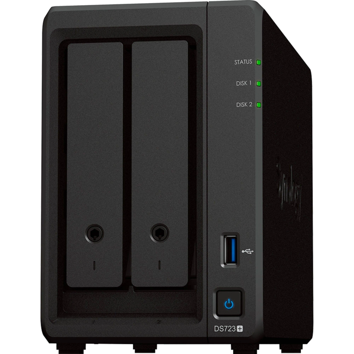Server NAS nero con due vani, porta USB e spie di stato.
