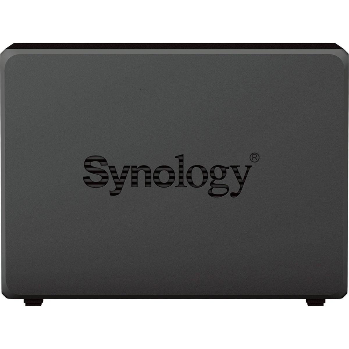Un disco rigido esterno Synology nero con il logo dell'azienda stampato sopra.