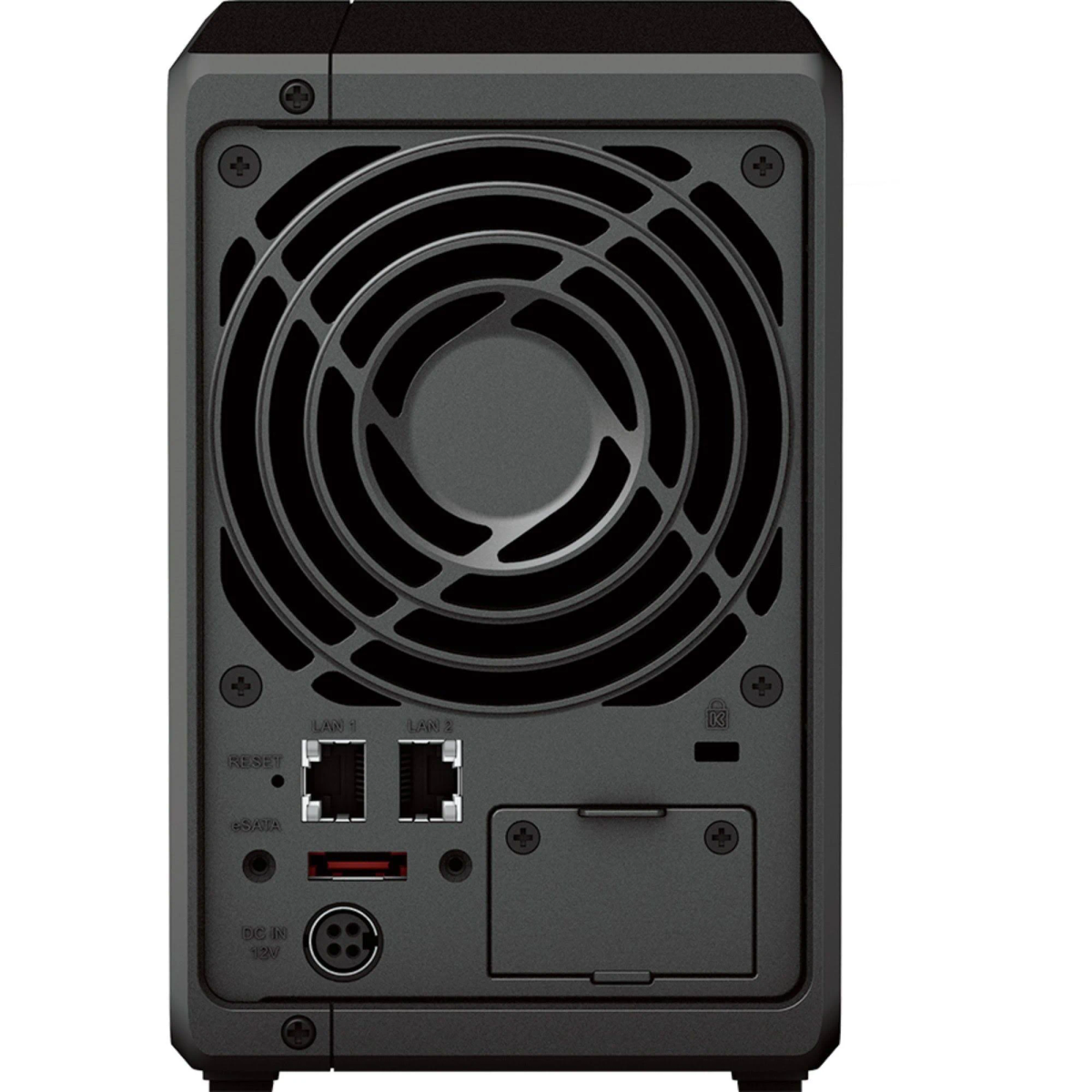 Pannello posteriore nero del server NAS con ventola, porte e piccolo pannello di accesso.