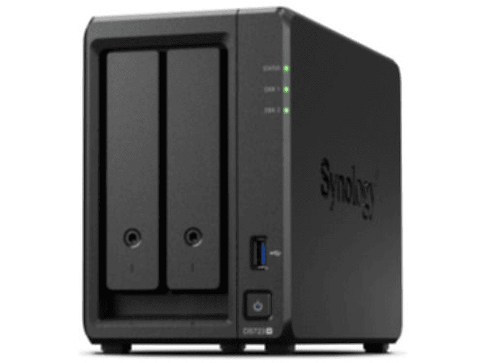 Dispositivo NAS Synology nero. Due vani drive visibili. Pulsante di accensione e porta USB anteriori.