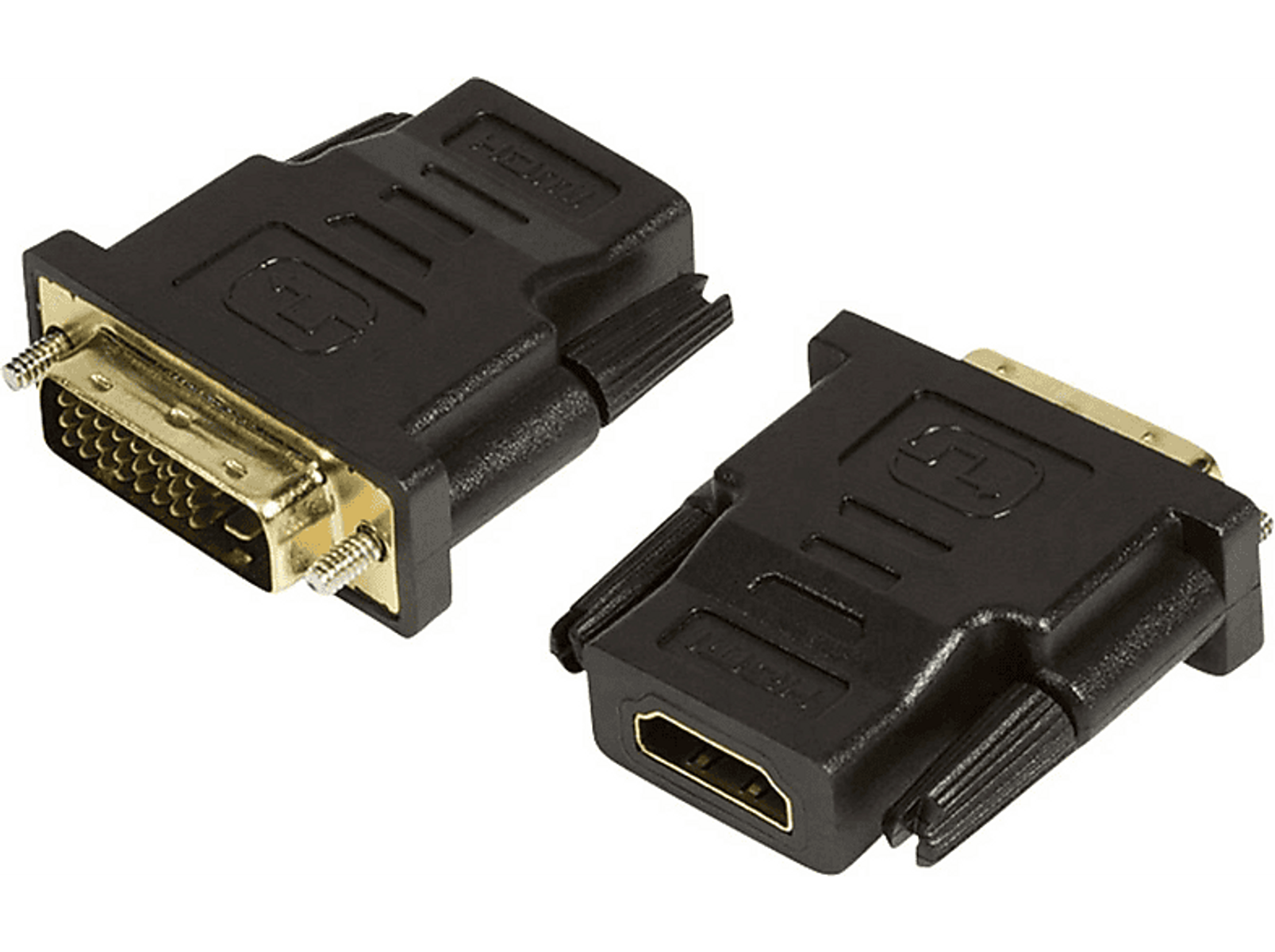 Dwa czarne adaptery HDMI do DVI, jeden z HDMI, drugi z połączeniem DVI.