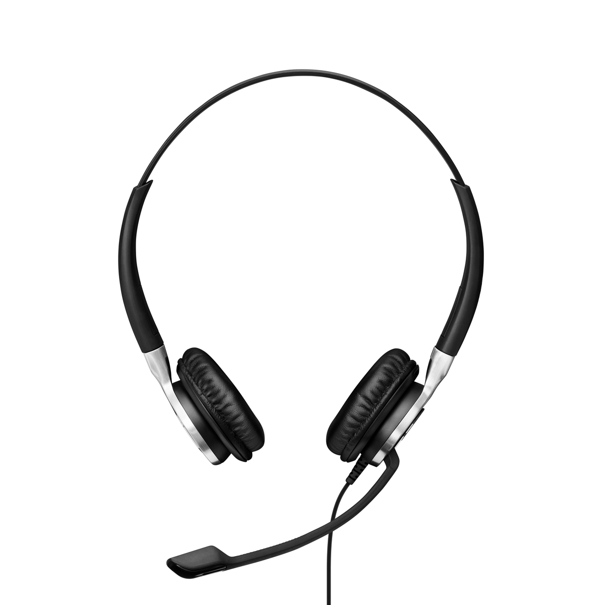 Schwarz-silbernes Headset mit Mikrofon. Weißer Hintergrund.