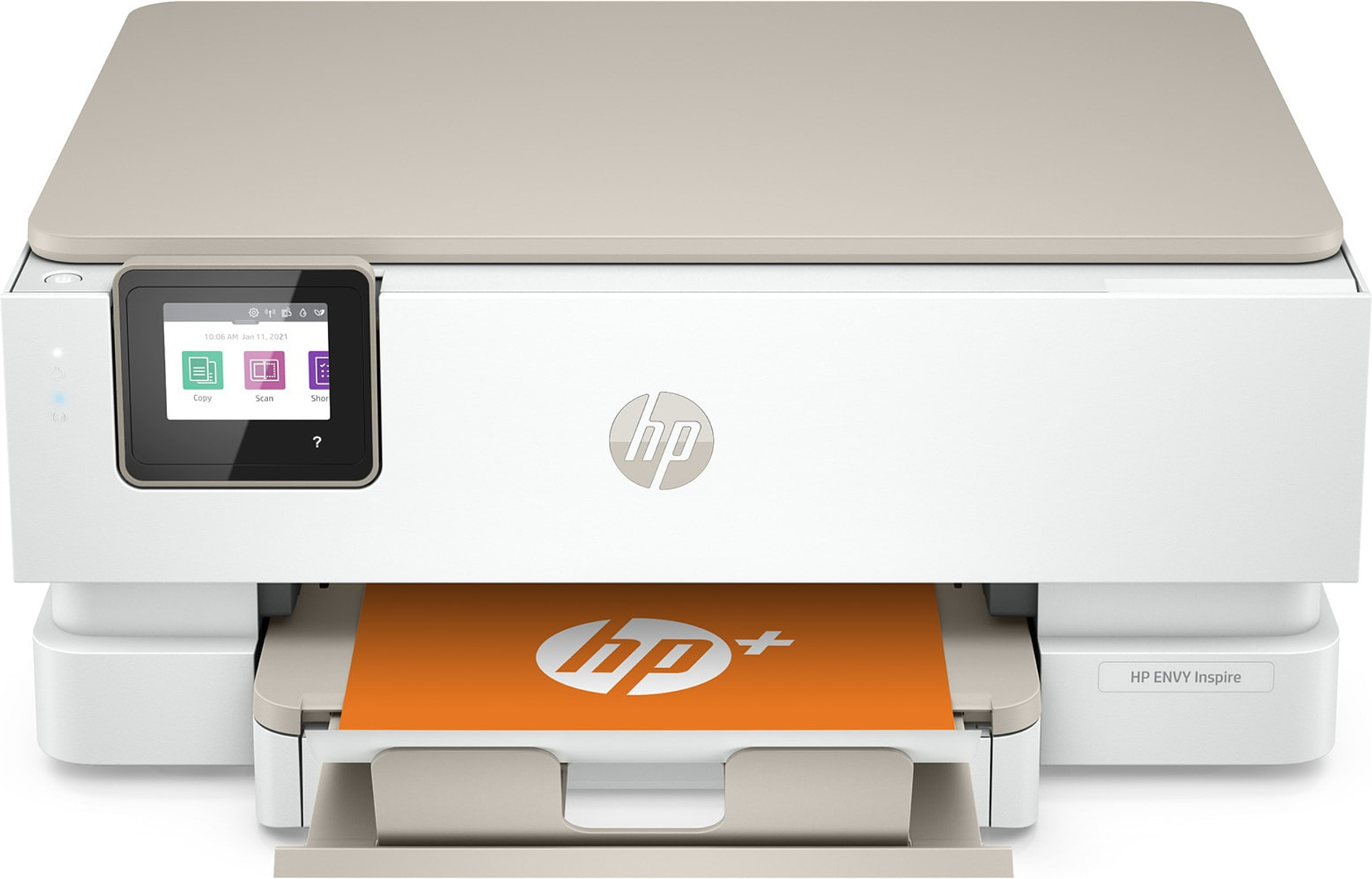 Impresora HP Envy Inspire blanca con pantalla táctil y bandeja de papel con hoja naranja.