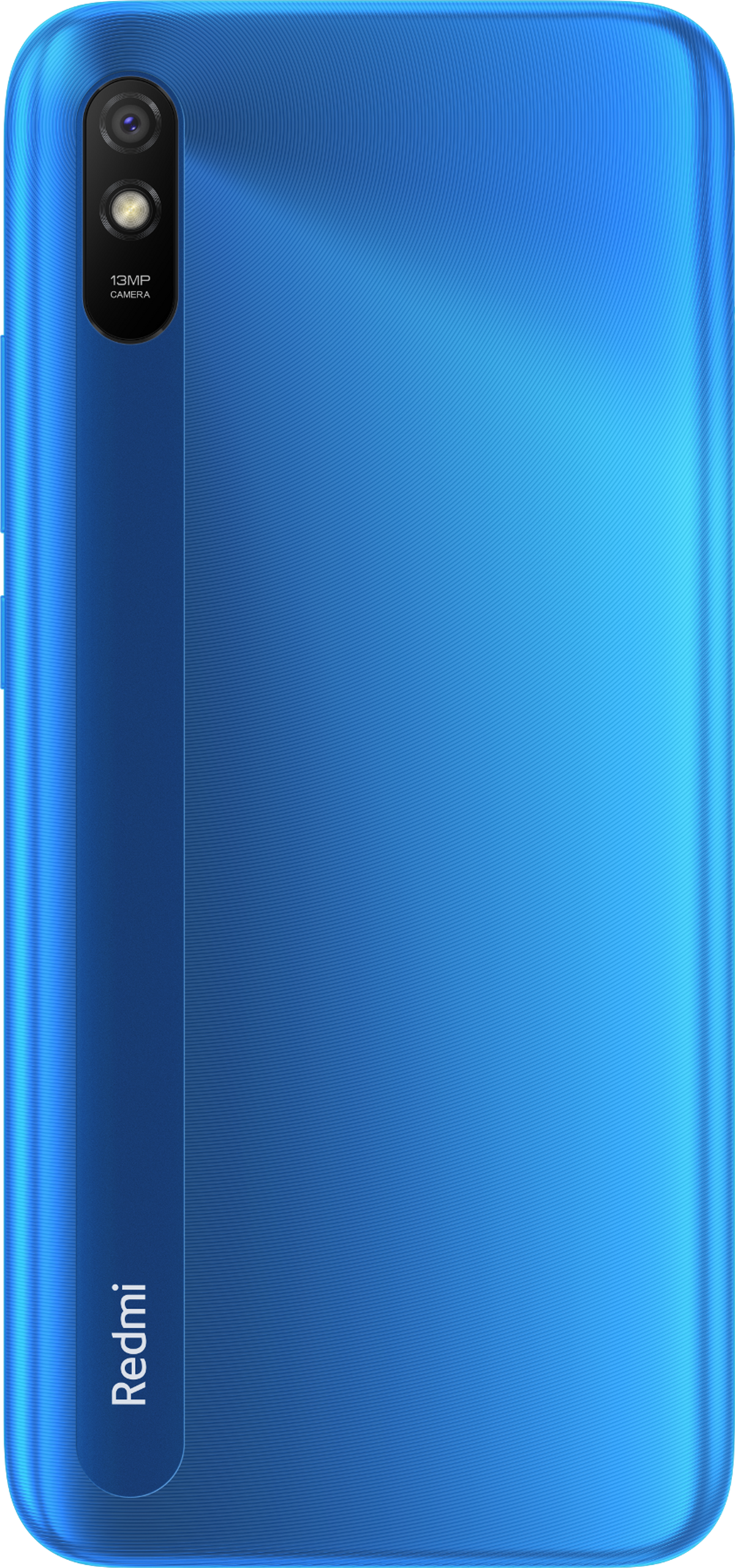 Rückseite eines blauen Redmi-Telefons. Eine einzelne Kamera und das Redmi-Logo. Einfarbiger blauer Hintergrund.