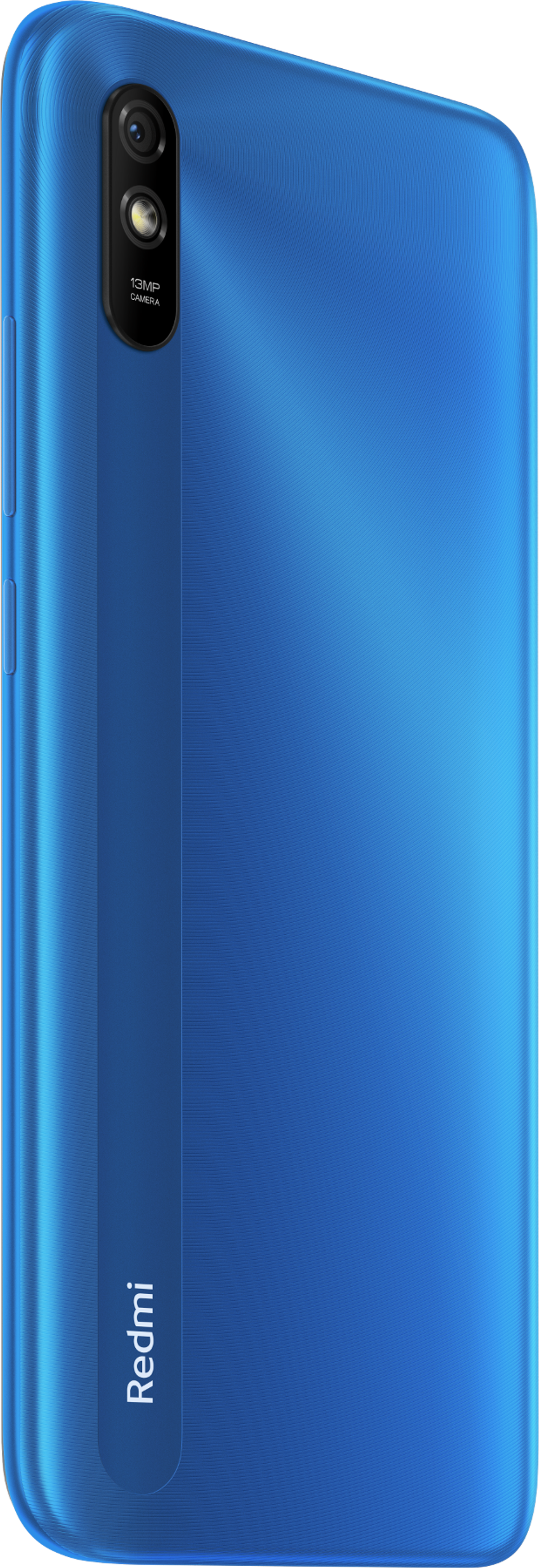 Blaue Smartphone-Rückseite mit Kamera und dem Wort 'Redmi' unten, vor schwarzem Hintergrund.