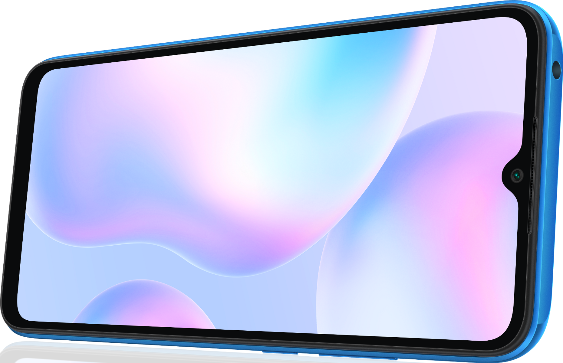 Nahaufnahme eines blauen Smartphones mit lebendigem Bildschirm, der bunte, abstrakte Formen zeigt.