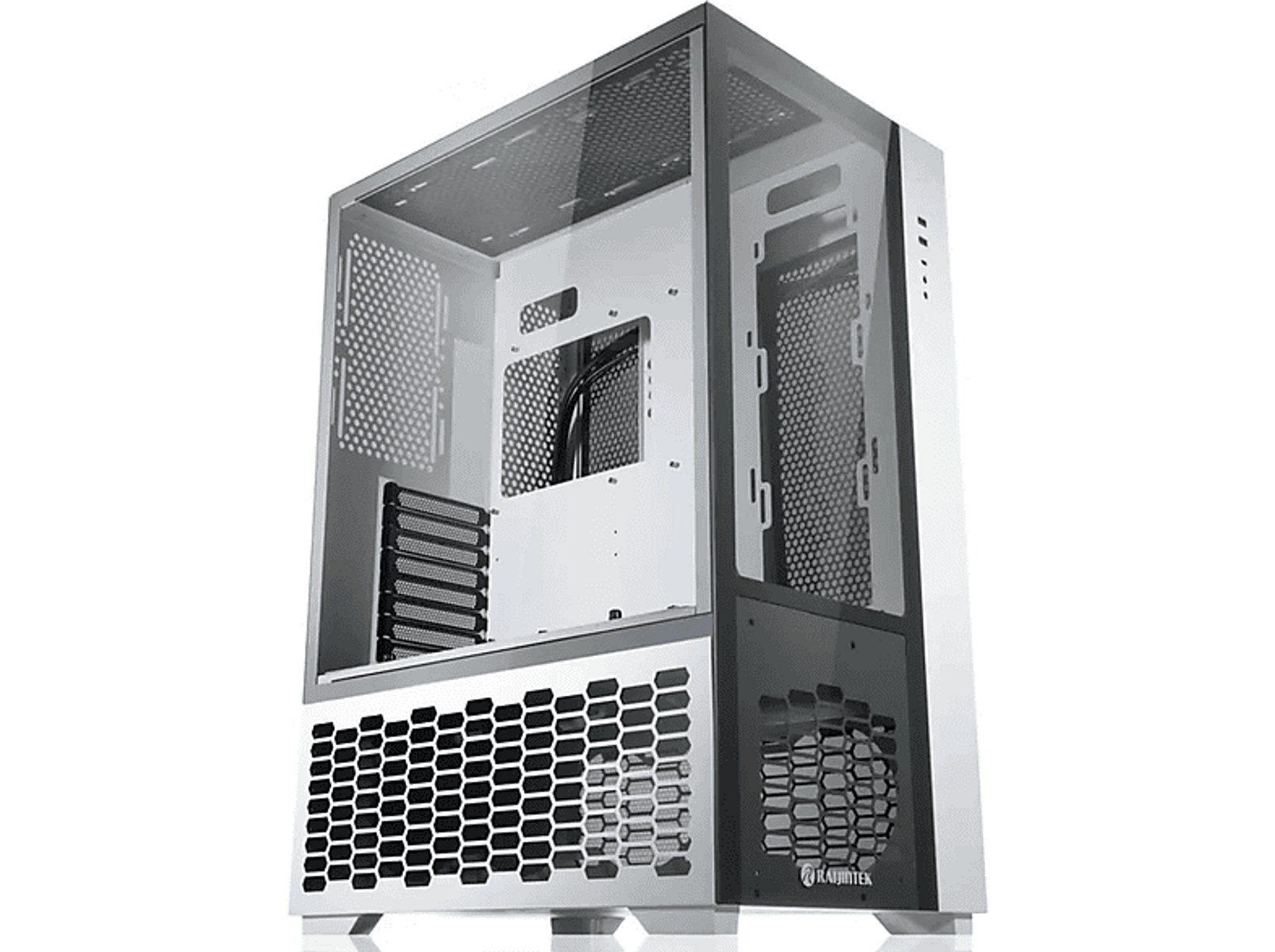 Fehér PC-ház üvegpanelekkel, nyitott belső térrel. Ventilátorok és alkatrészek láthatók. Ezüst és fekete díszítések.