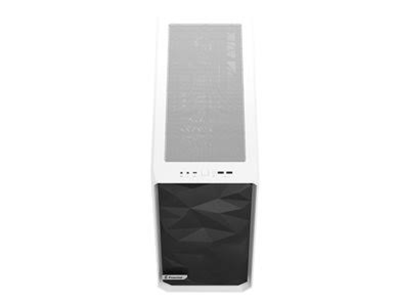 Een witte computerkast, van bovenaf gezien, met een zwart geometrisch patroon aan de voorkant.
