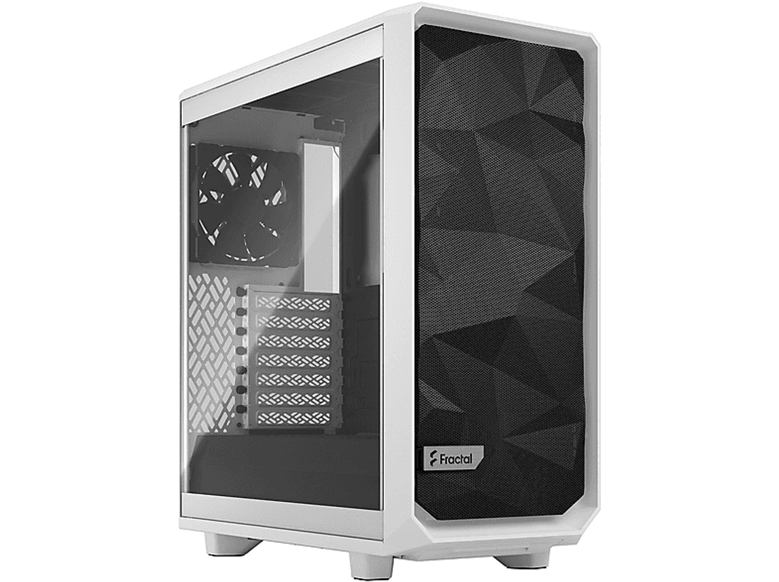 Witte computerkast met een glazen zijpaneel en een zwart gaas voorpaneel.