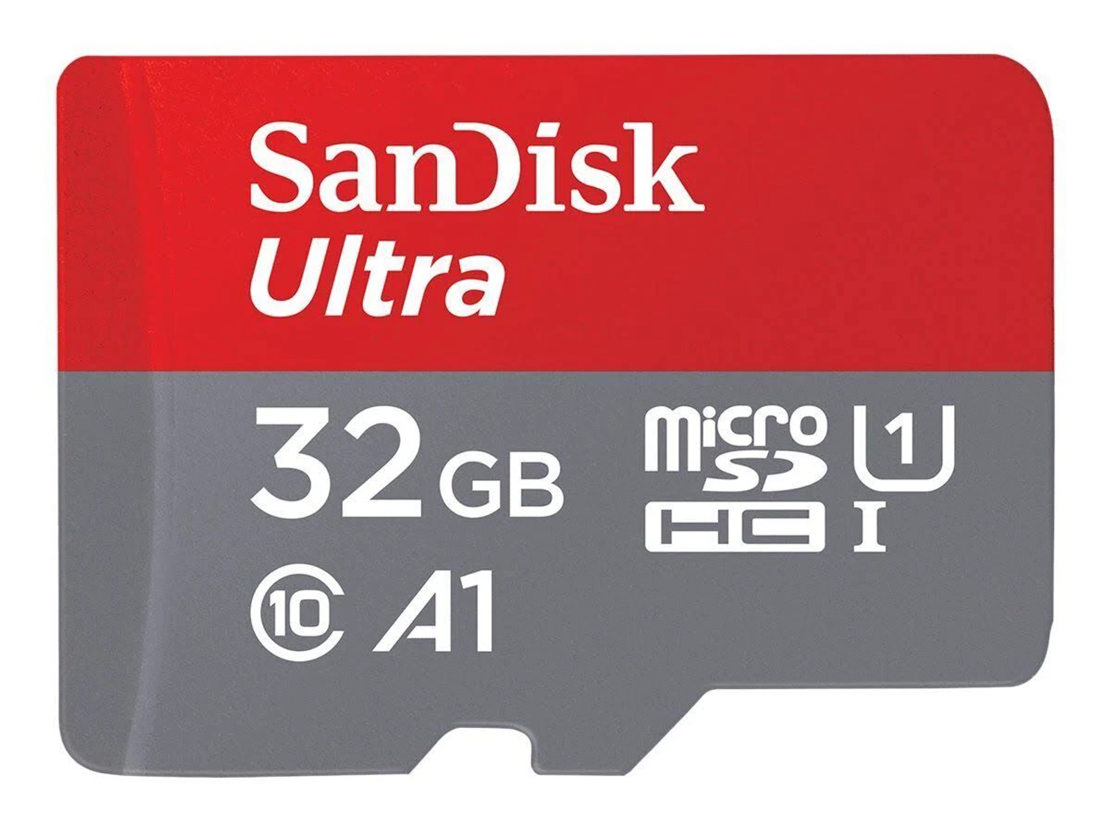 Une carte Micro SD Sandisk Ultra rouge et grise avec du texte, une capacité de 32 Go et un logo Micro SD.