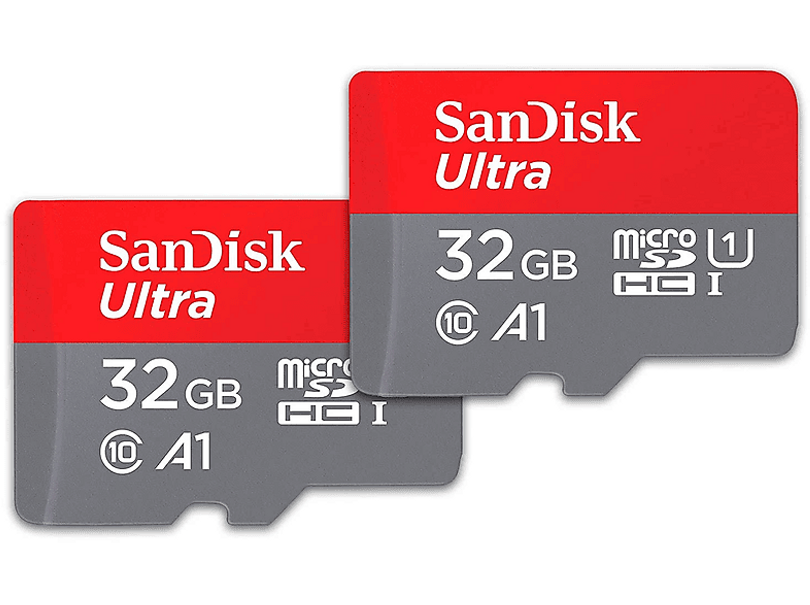 Deux cartes microSD SanDisk Ultra rouges et grises, avec du texte indiquant une capacité de 32 Go.