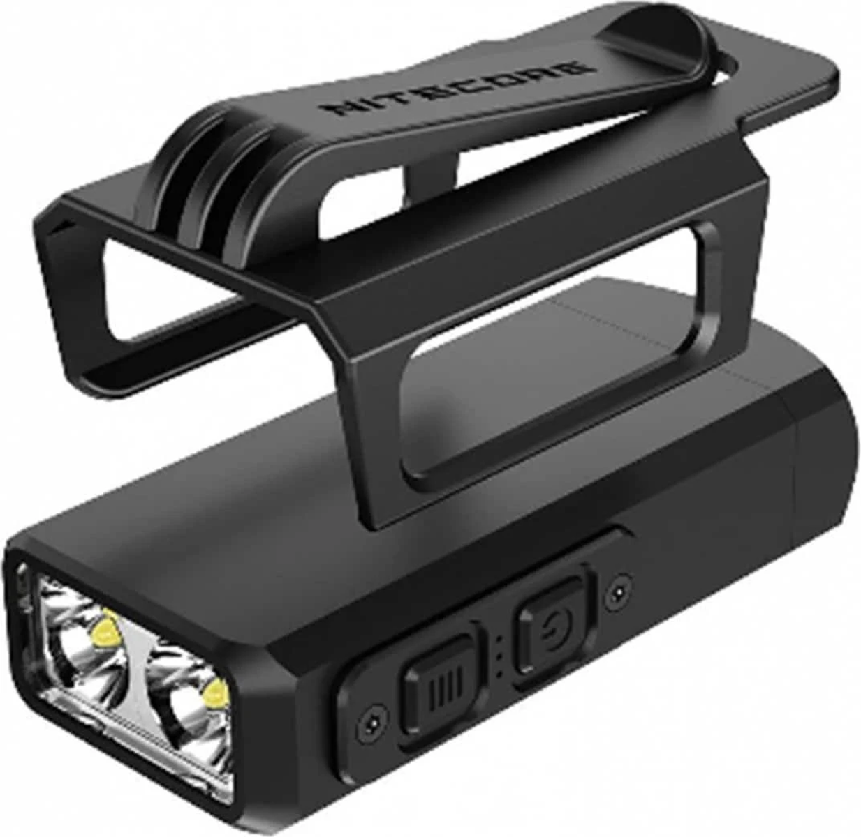 Schwarze Taschenlampe mit Clip. Sie hat zwei Lichter und zwei Knöpfe.