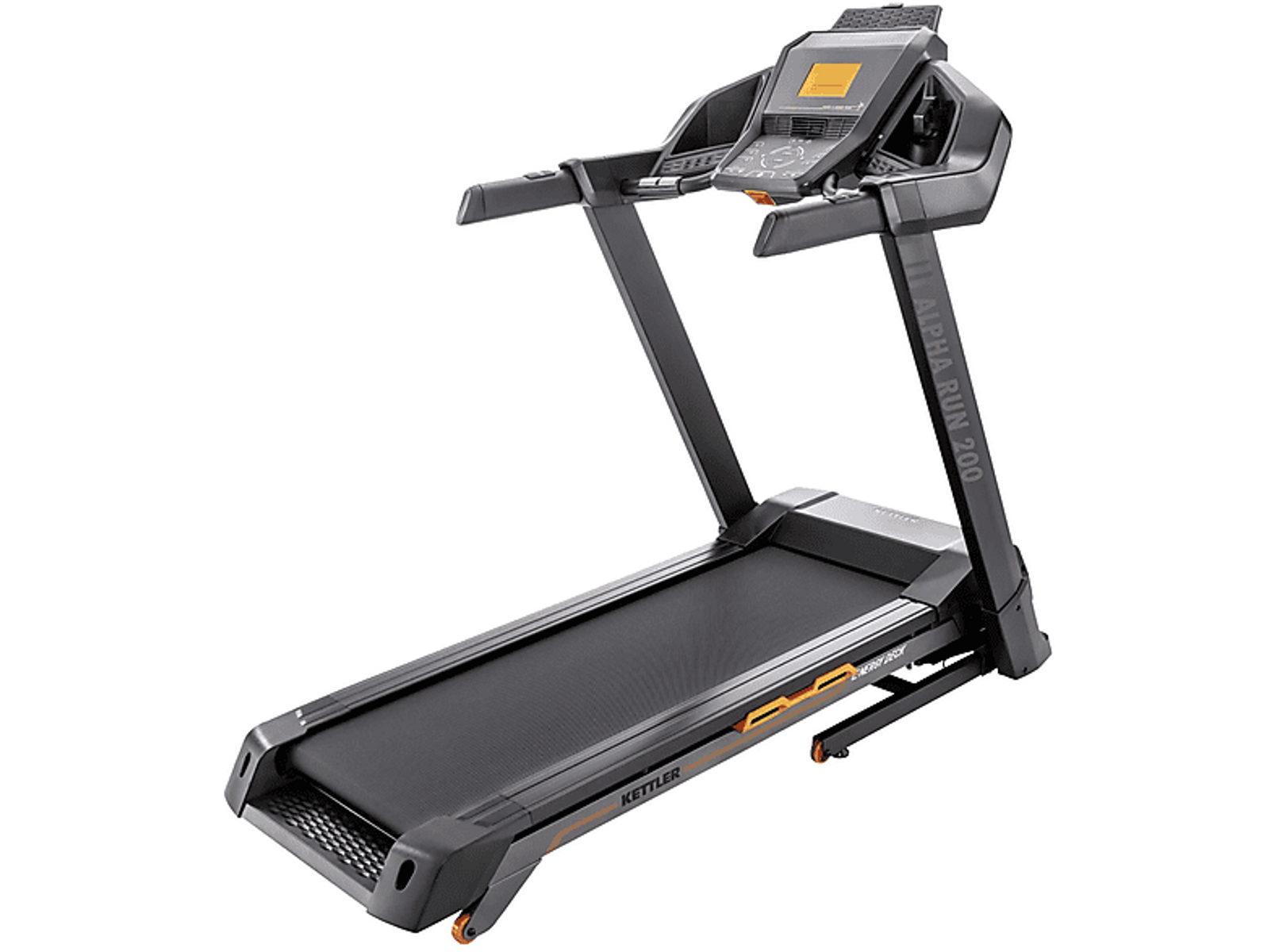 Un tapis roulant Kettler Alpha Run 200 nero e grigio. La console è visibile.