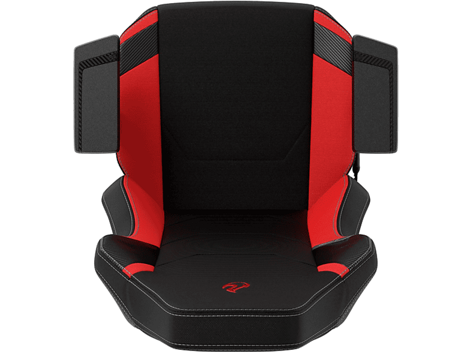 Gaming-Stuhl mit rotem und schwarzem Design. Inklusive seitlicher Armlehnen. Schwarze Basis mit rotem und schwarzem Sitz.