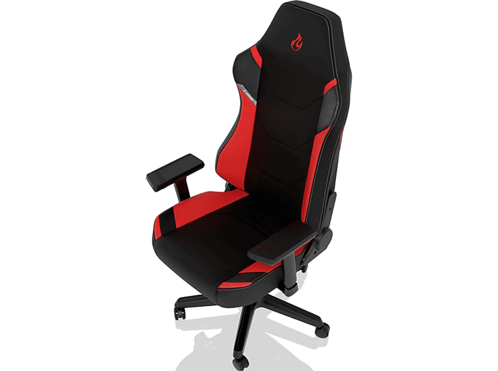 Gaming-Stuhl mit rotem und schwarzem Design, Winkelansicht auf schwarzem Hintergrund.
