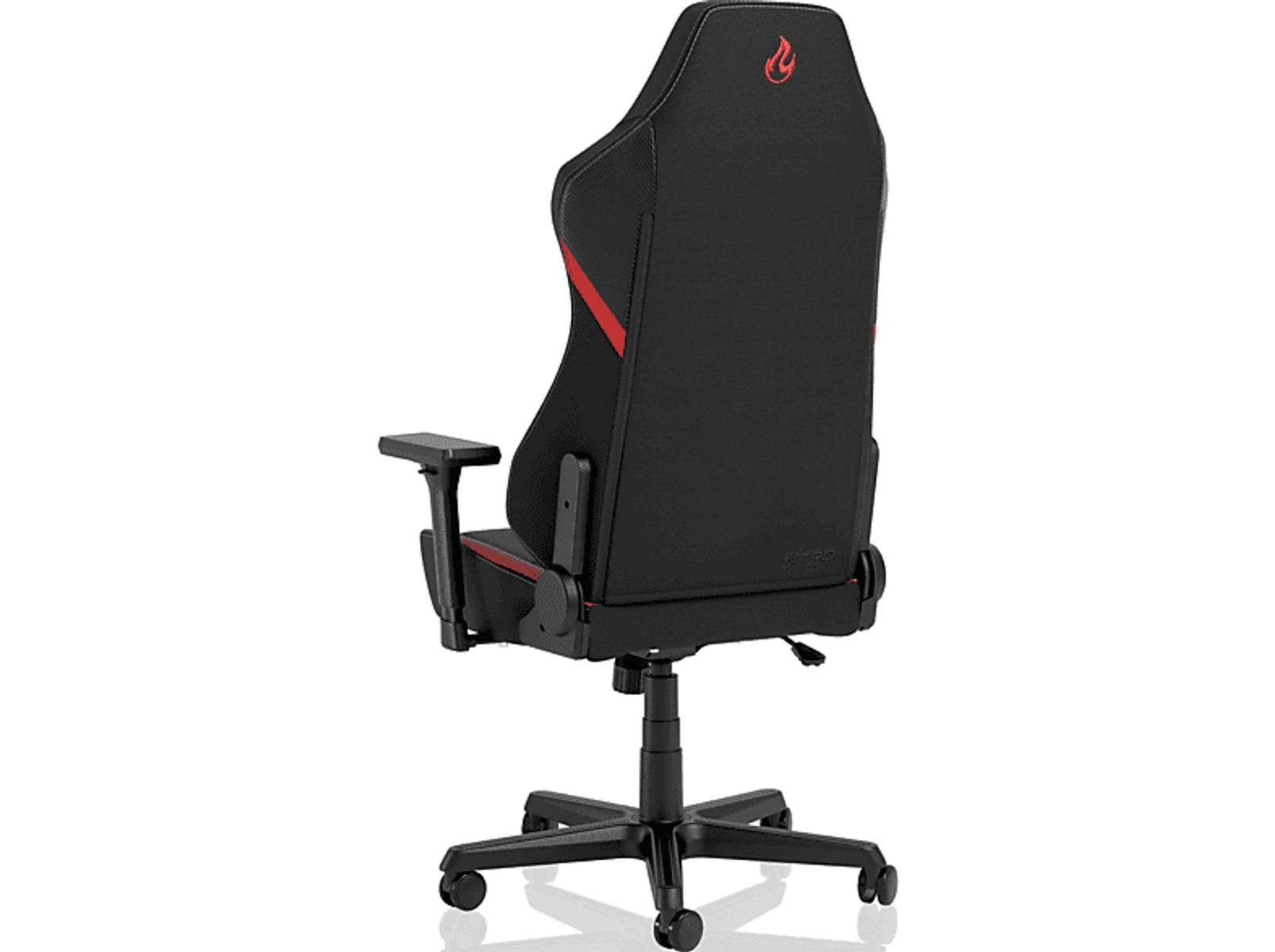 Rückansicht eines schwarzen Gaming-Stuhls mit roten Akzenten und Logo.