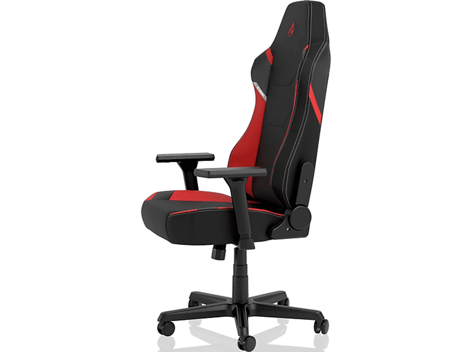 Gaming-Stuhl in Schwarz und Rot mit Armlehnen und Rädern.