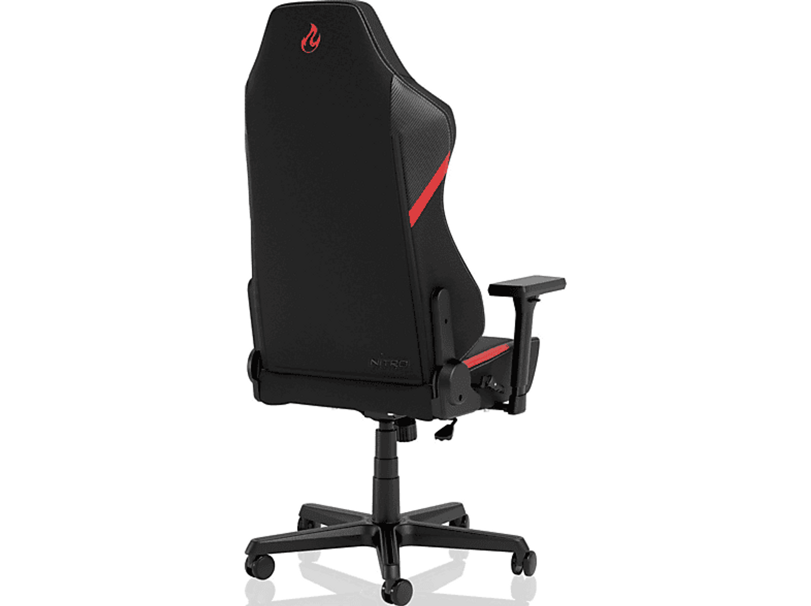 Ein schwarzer Gaming-Stuhl mit roten Akzenten, die Rückseite ist sichtbar. Das Wort NITRO steht drauf.