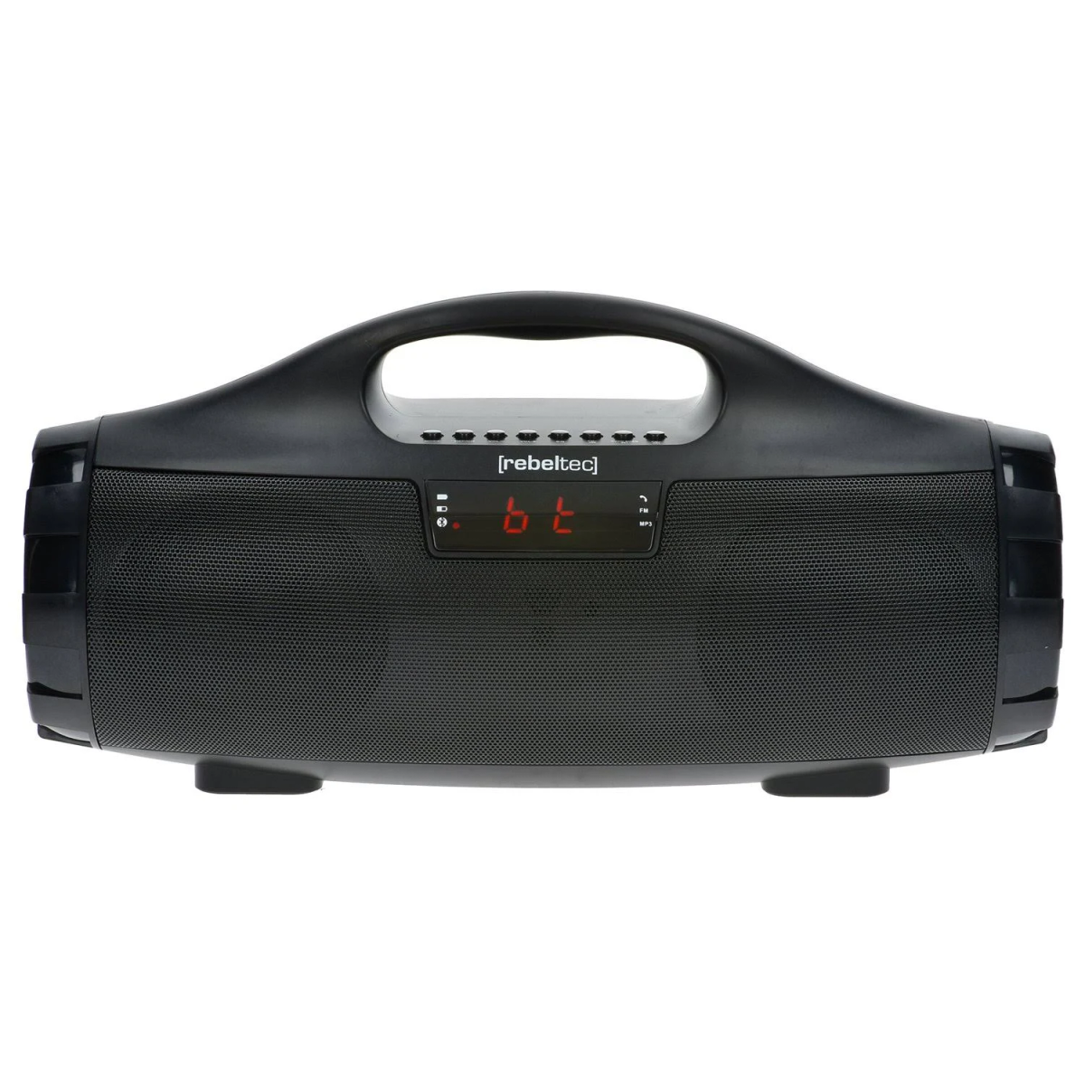 Schwarzer tragbarer Lautsprecher mit Griff. Rotes Display, Tasten oben, Mesh-Front.