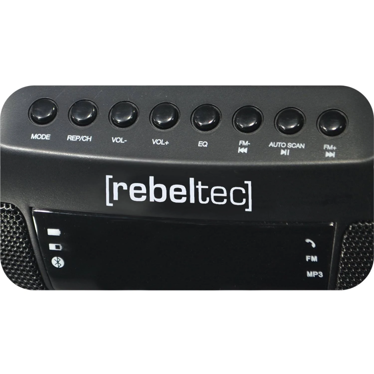 Schwarzes Audiogerät, beschriftet [rebeltec], mit Tasten für Modus, Lautstärke und FM-Funktionen.