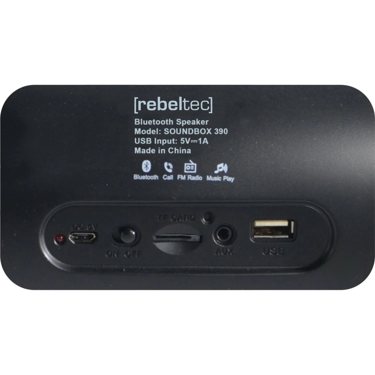 Schwarzer Lautsprecher mit USB-, TF-Karten- und Aux-Anschlüssen. Schwarze Oberfläche.