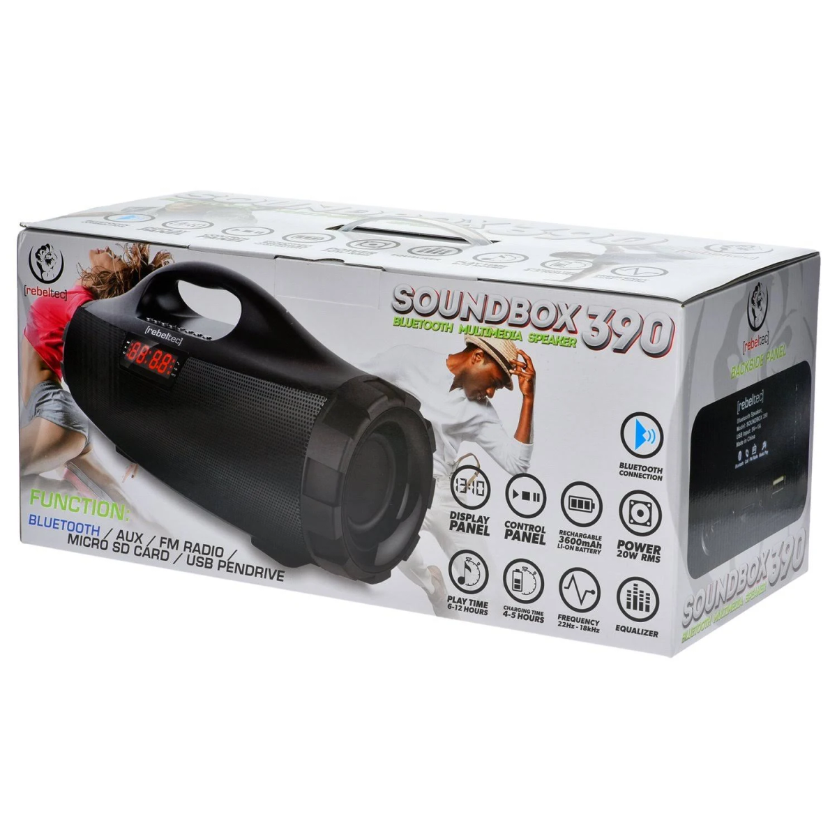 Soundbox 390 Lautsprecherbox mit Lautsprecher und Griff.