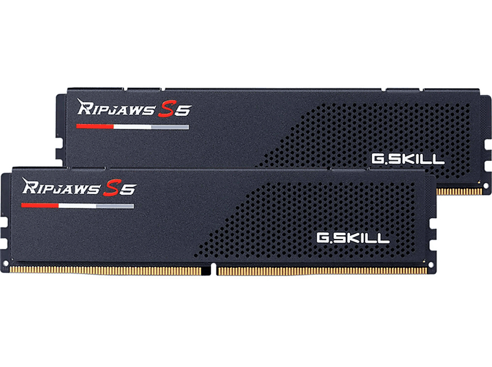 Dwa czarne moduły pamięci RAM. Oba mają markę 'G.SKILL' i 'RIPJAWS S5' napisane na czerwono i biało.