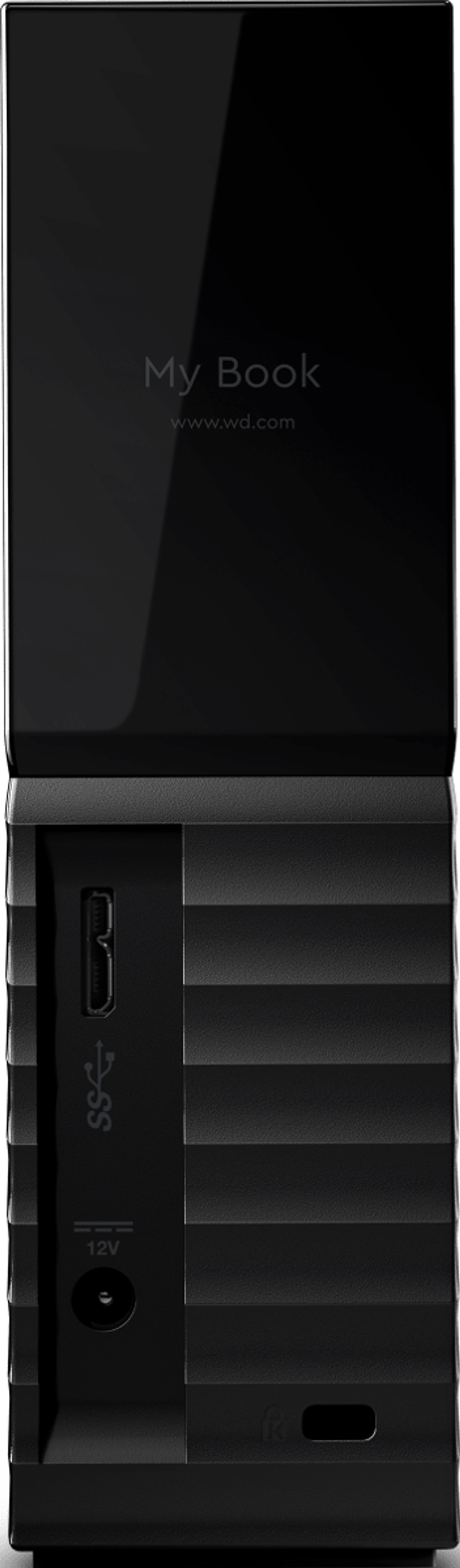 Czarny zewnętrzny dysk twardy WD My Book, z żebrowaną konstrukcją i portami z boku.