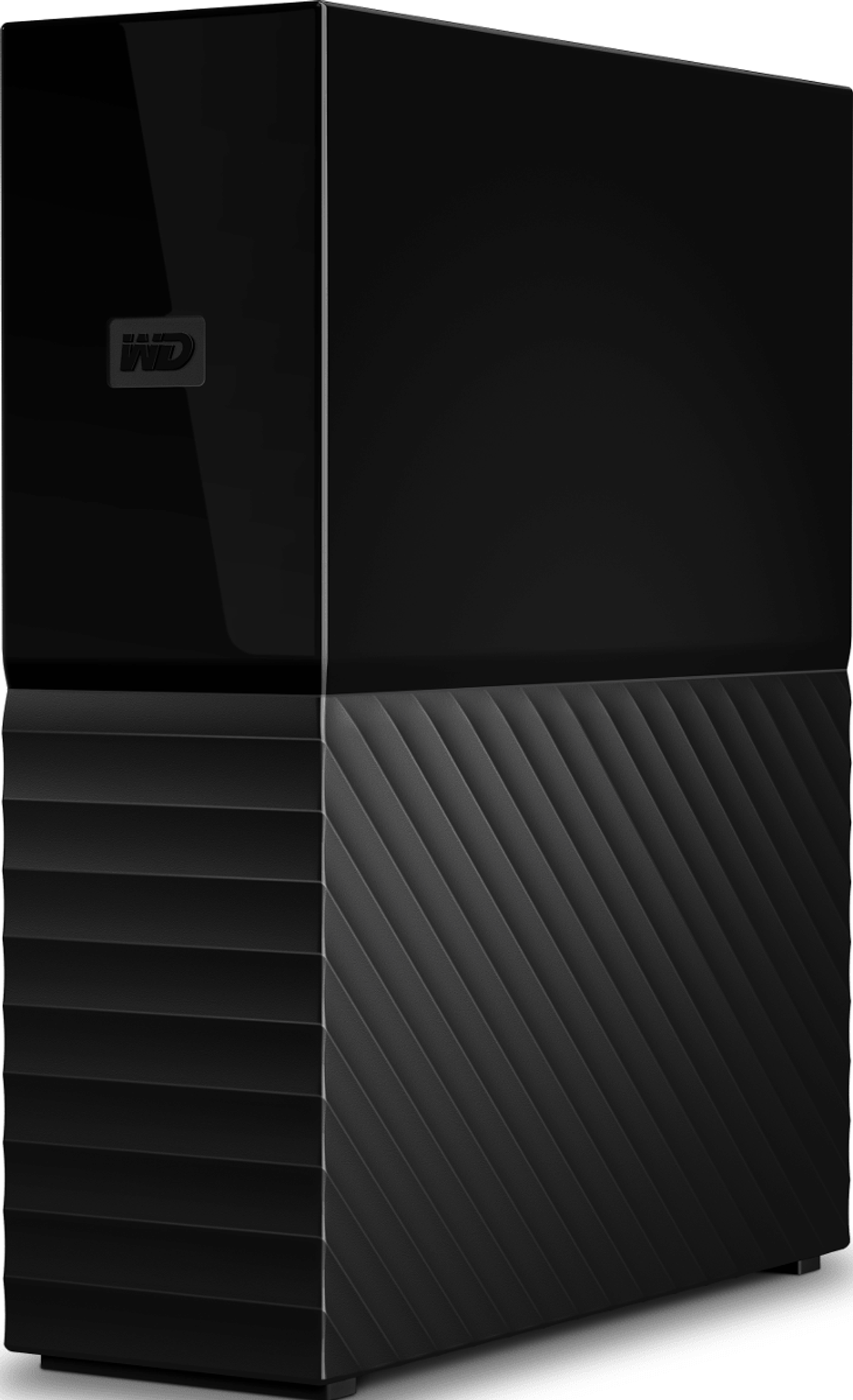 Czarny zewnętrzny dysk twardy, widoczna marka Western Digital. Ujęcie z boku.